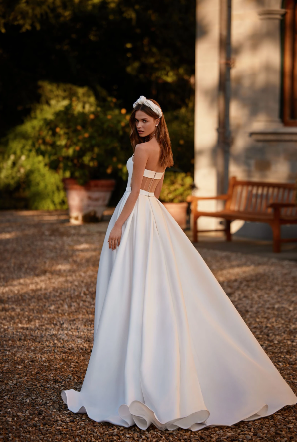 Arabissa 08309 Mikado A-Line Wedding Dress – V-Neck Ivory Gown with Pockets, Pleated Skirt & Removable Sleeves